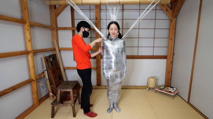 Fetish mummification for Hinako with Plastic Wrap creating a spider web style Part 1 at pic