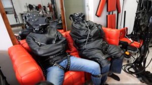 Two Slaves in doggy-suited and leather straitjackets vibed by Hinako in Pajamas