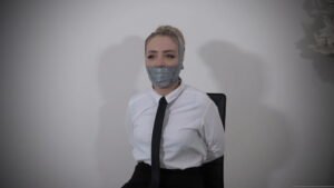 Aubrey gets heavy silver PVC tape gag on her face