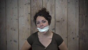 Gag with 3″ Microfoam tape then a sock and tape. 2 video with Julia