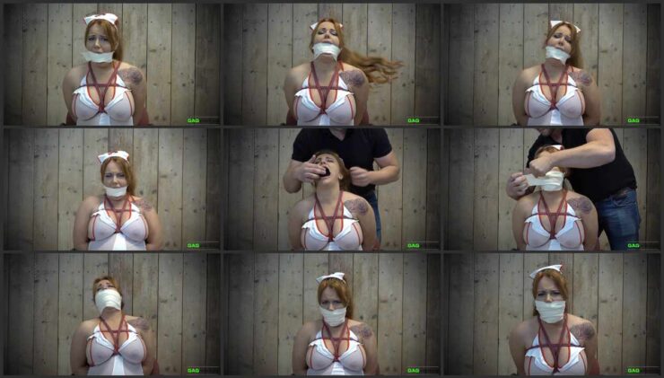 2 Gag video with sexy nurse Lisa, in her mouth put socks and wrapped with tape