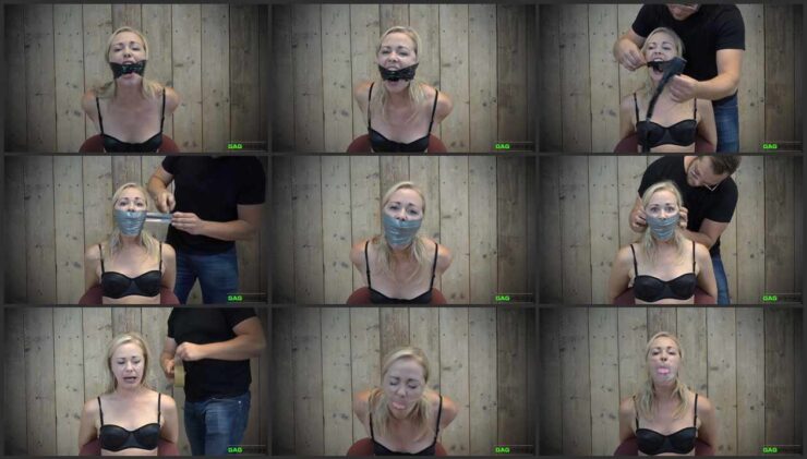 Lucy is tied to a chair and gets three different gags with socks and PVC tape
