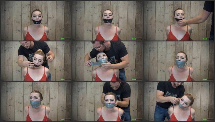 Kate Stardust incapable of talking, her mouth gets stuffed with a sock and around silver PVC tape wrapped