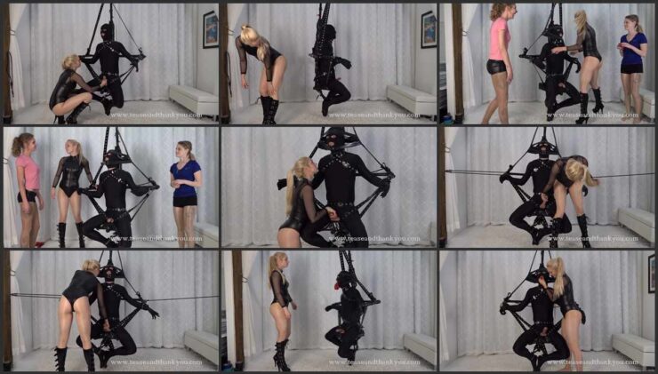 Boy in vicious rigging and trio cute mistresses play with his cock