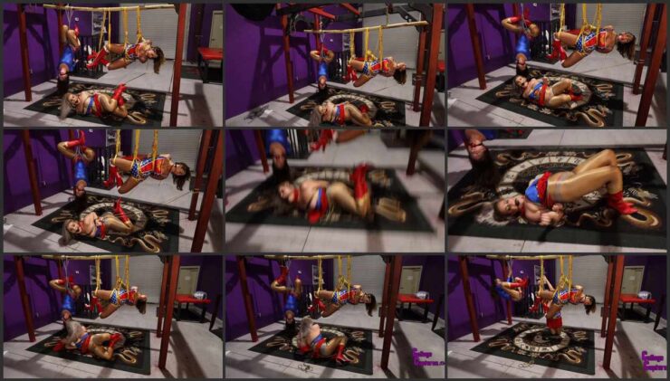 Three superheroines tied tightly with rope