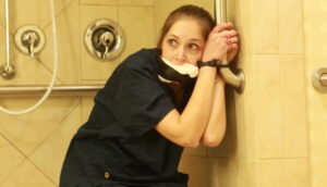 Rachel in nurse uniform in trouble