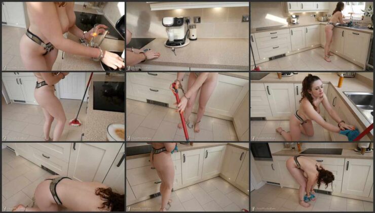 Lizzie cleaning house in a Carrara belt and ankle cuffs