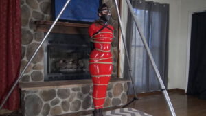 Red fitting pvc dress and Lots of Bondage