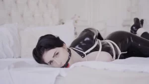 Bondage by Miss Ellie M in shiny latex black catsuit