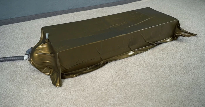 Bondage by boxes in a gold vacuum bed
