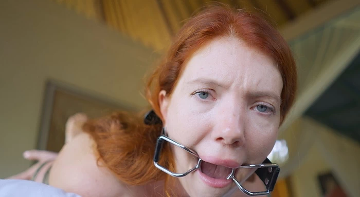 Gagged Chloe hogtied with toe tie and pulled hair