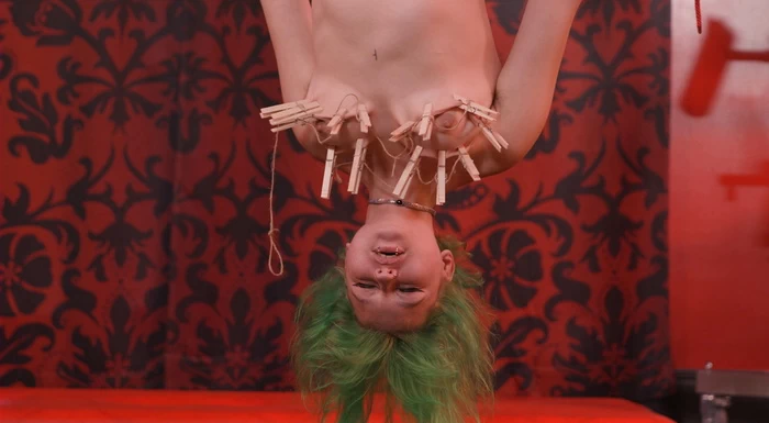 Genesis suspended upside down with vibrator and electro shocks