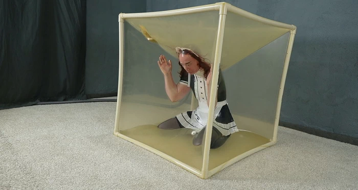 Maid Sonya in a transparent vacuum cube