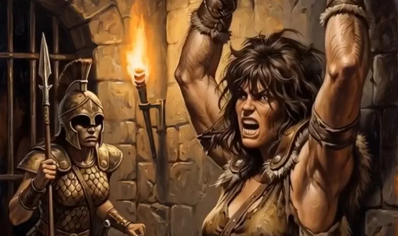 A Captured muscled warrior woman is held in a dark dungeon