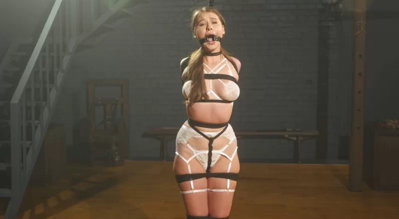 Amazing Standing Struggle with Crushed Elbows Tie and Ring Gag