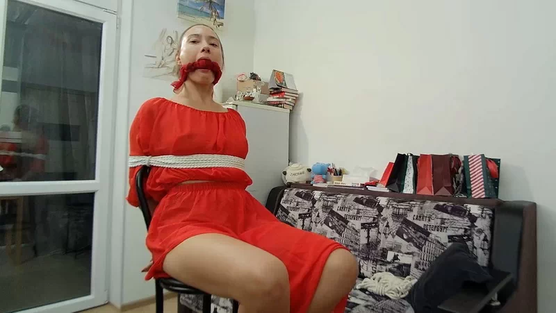 Sofi in a red dress tied to a chair with a white rope Part 1-2 Full