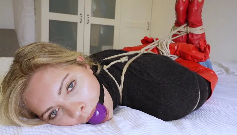 Vera hogtied  in red thighboots