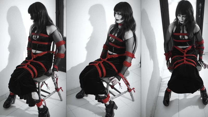 Goth girl chairtied and struggling escape attempt