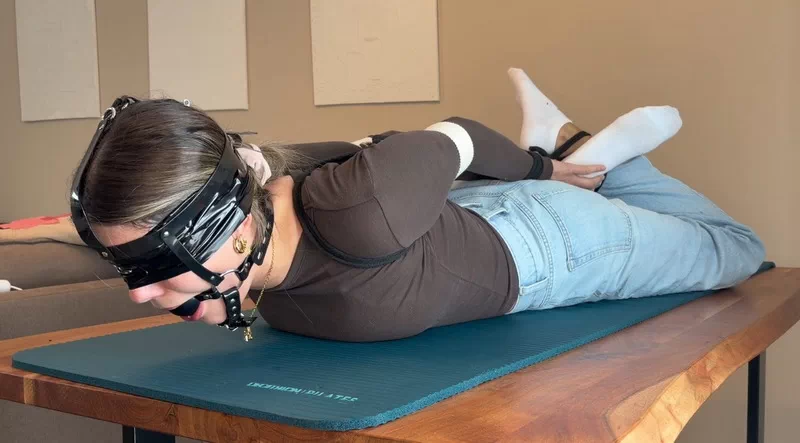 Drooling in strict hogtie, crossed feet